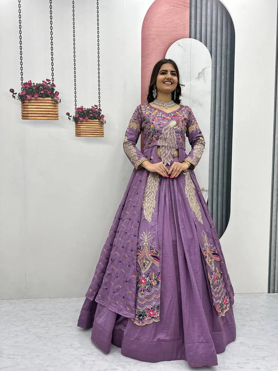 Embroidered Vichitra Crop Top Lehenga Set with Shrug