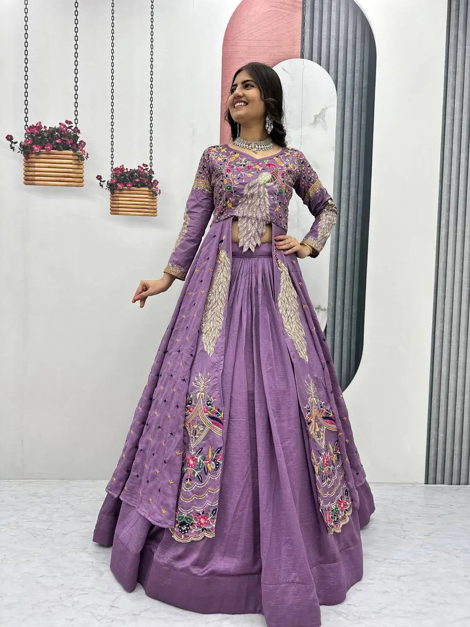 Embroidered Vichitra Crop Top Lehenga Set with Shrug