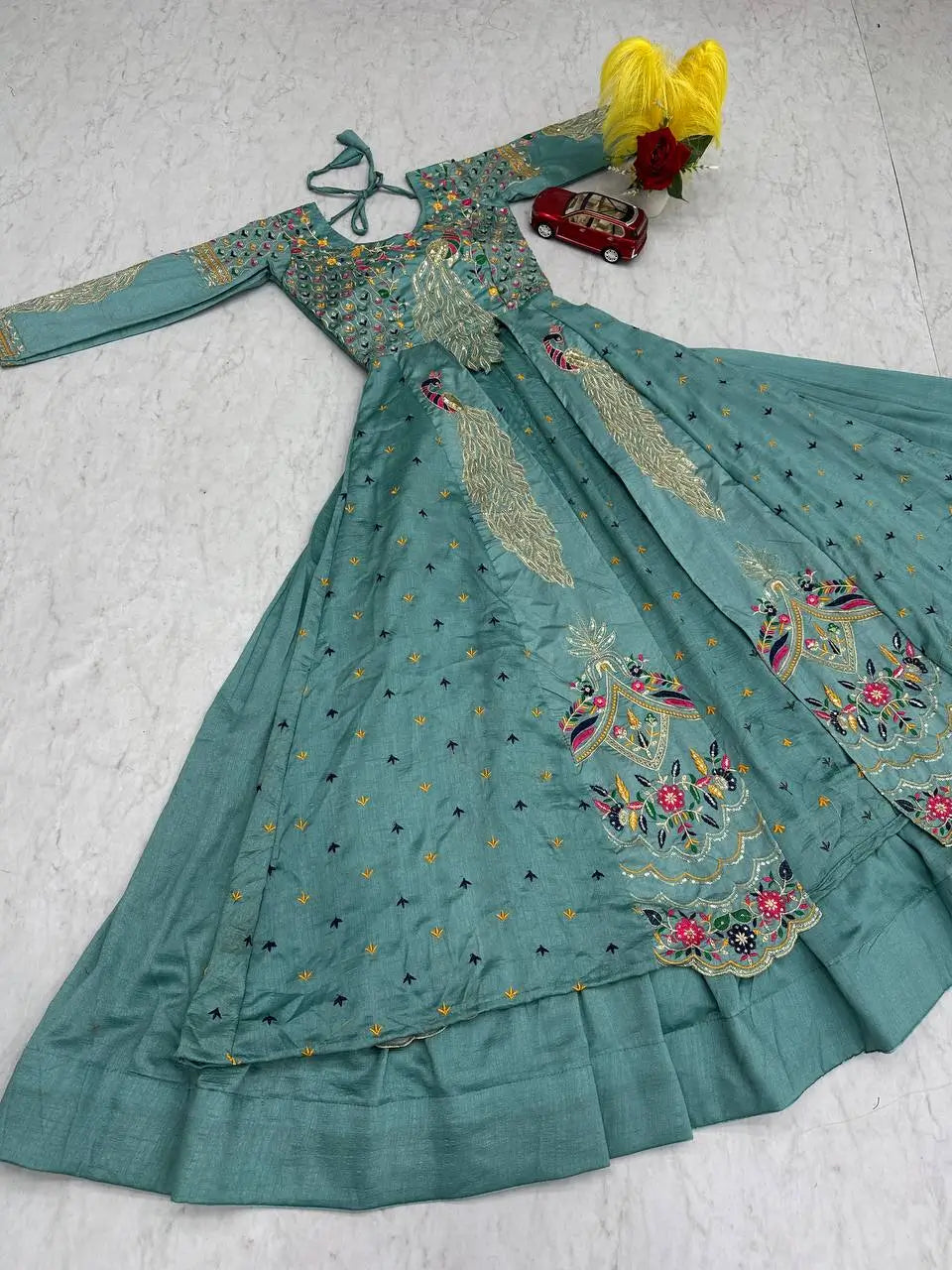 Embroidered Vichitra Crop Top Lehenga Set with Shrug