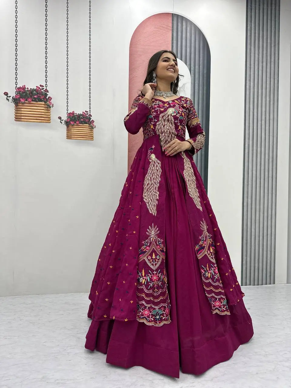 Embroidered Vichitra Crop Top Lehenga Set with Shrug