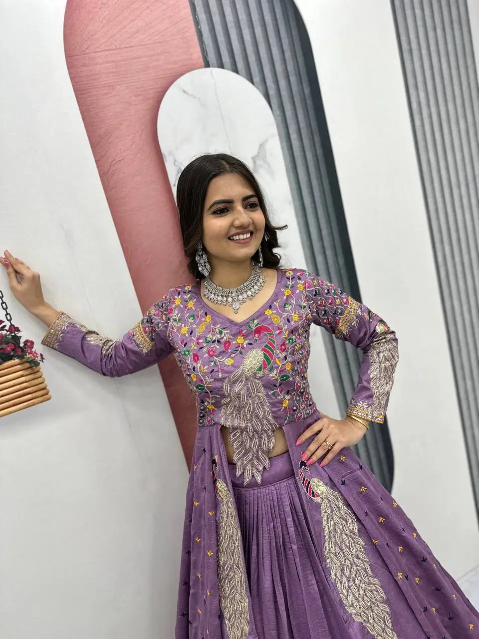 Embroidered Vichitra Crop Top Lehenga Set with Shrug