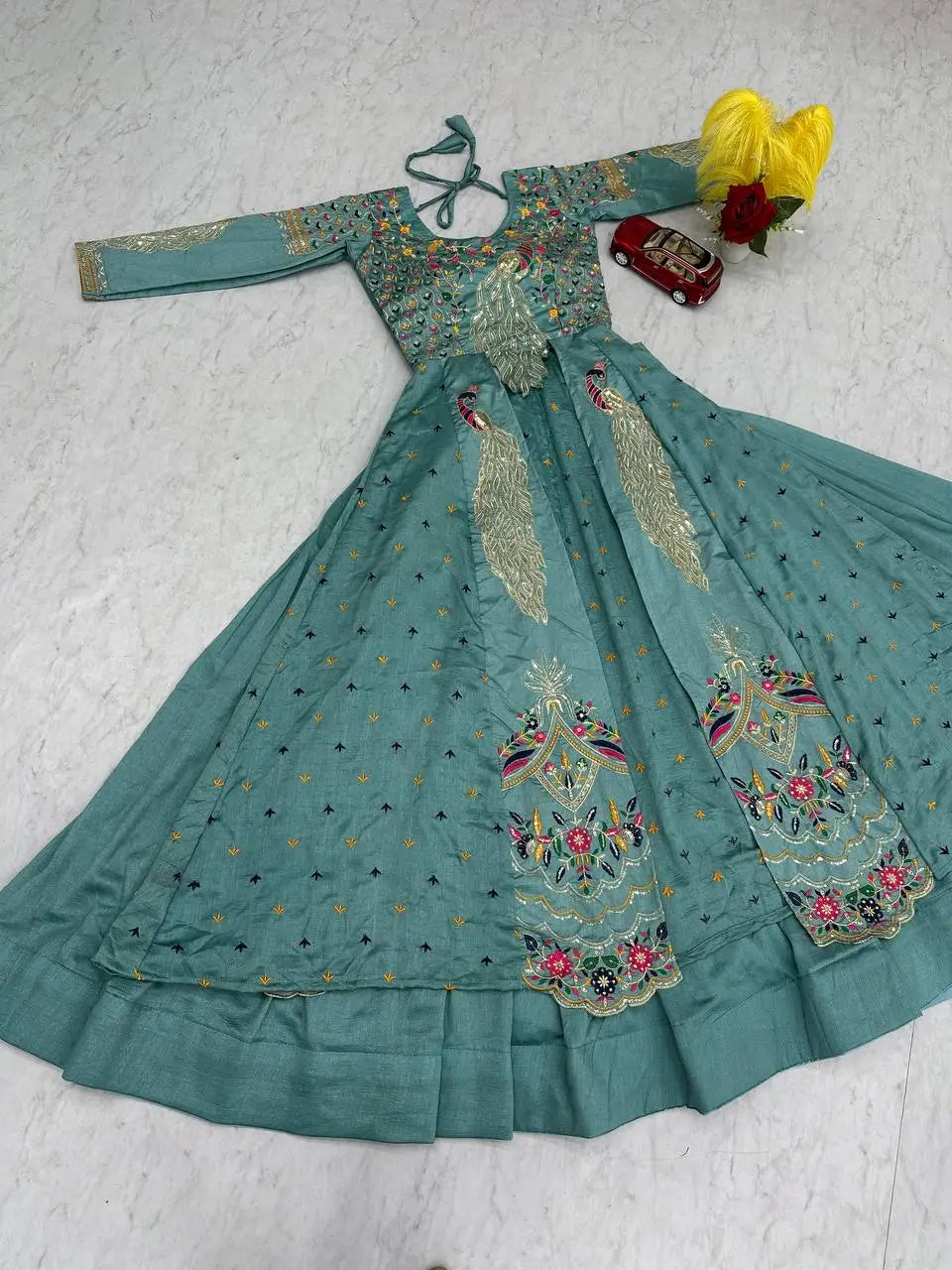 Embroidered Vichitra Crop Top Lehenga Set with Shrug