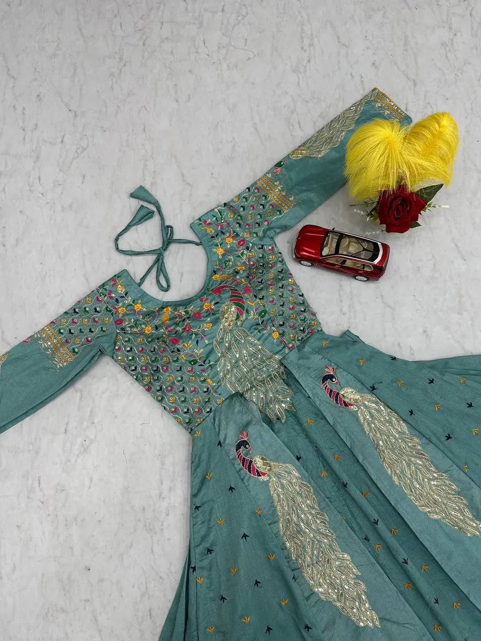 Embroidered Vichitra Crop Top Lehenga Set with Shrug