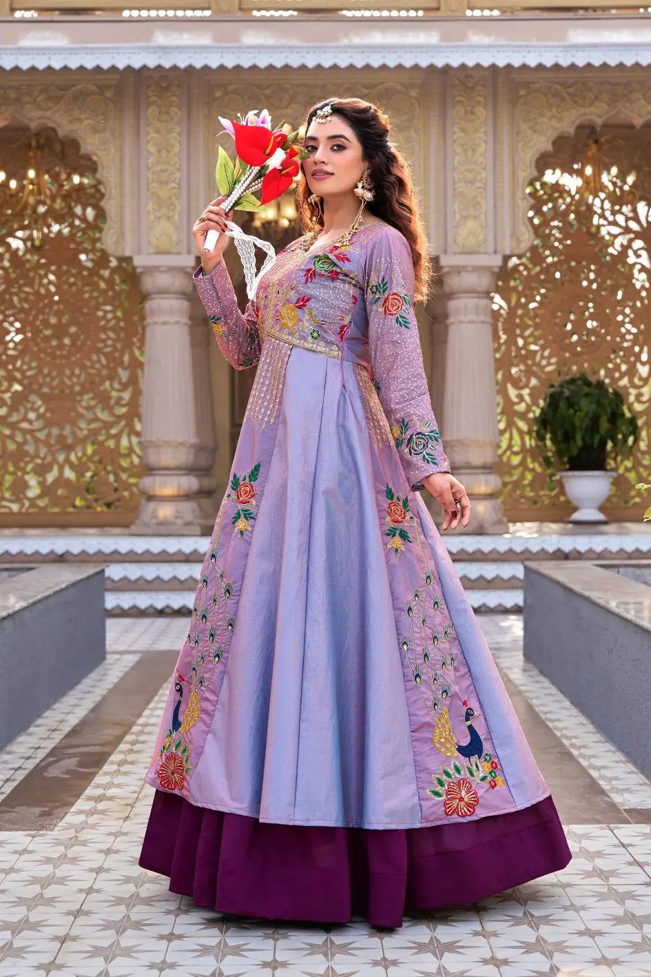 Embroidered Vichitra Crop Top Lehenga Set with Shrug