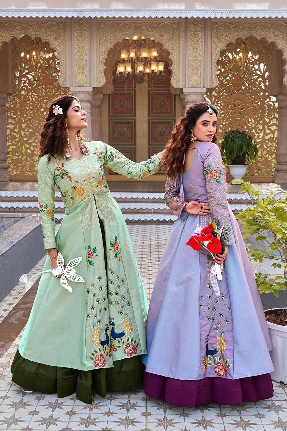 Embroidered Vichitra Crop Top Lehenga Set with Shrug
