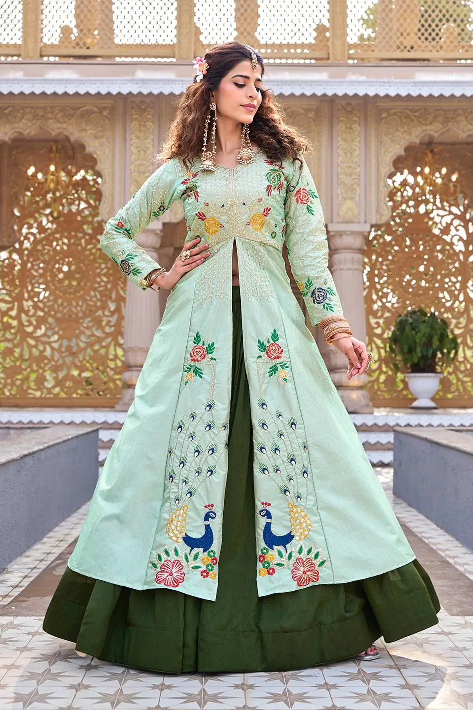 Embroidered Vichitra Crop Top Lehenga Set with Shrug