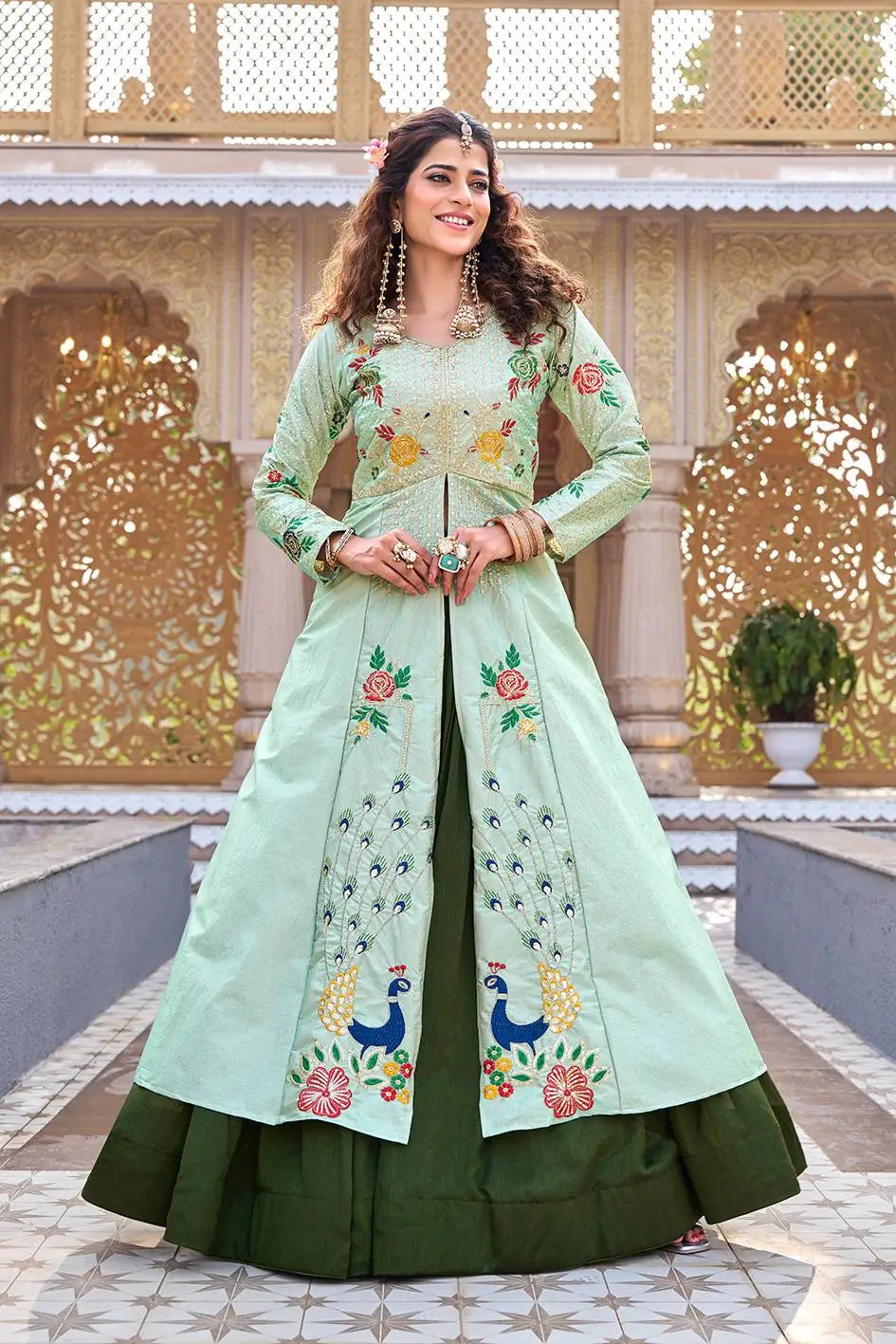 Embroidered Vichitra Crop Top Lehenga Set with Shrug