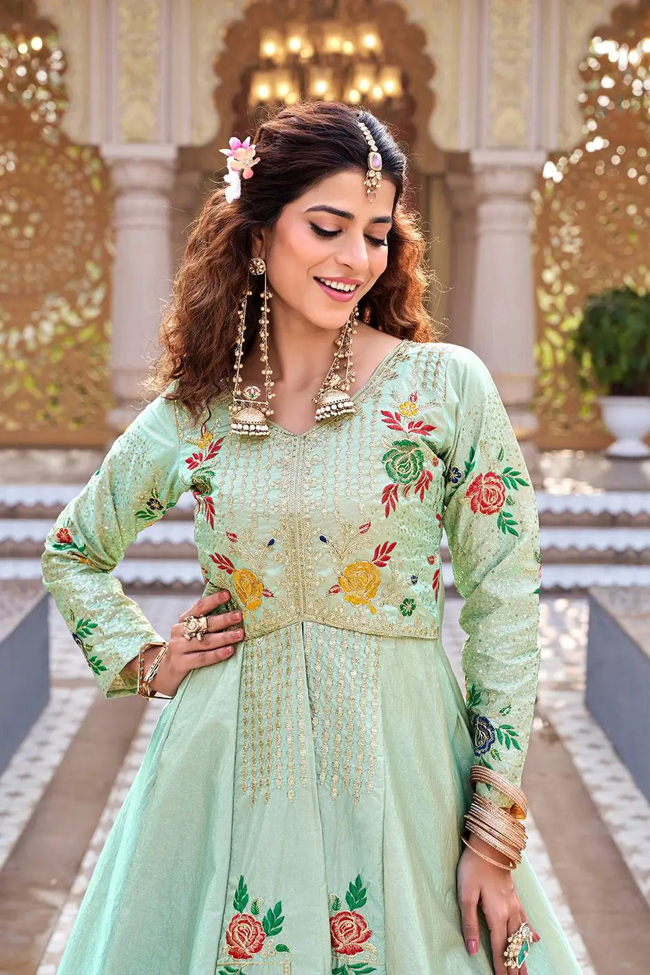Embroidered Vichitra Crop Top Lehenga Set with Shrug