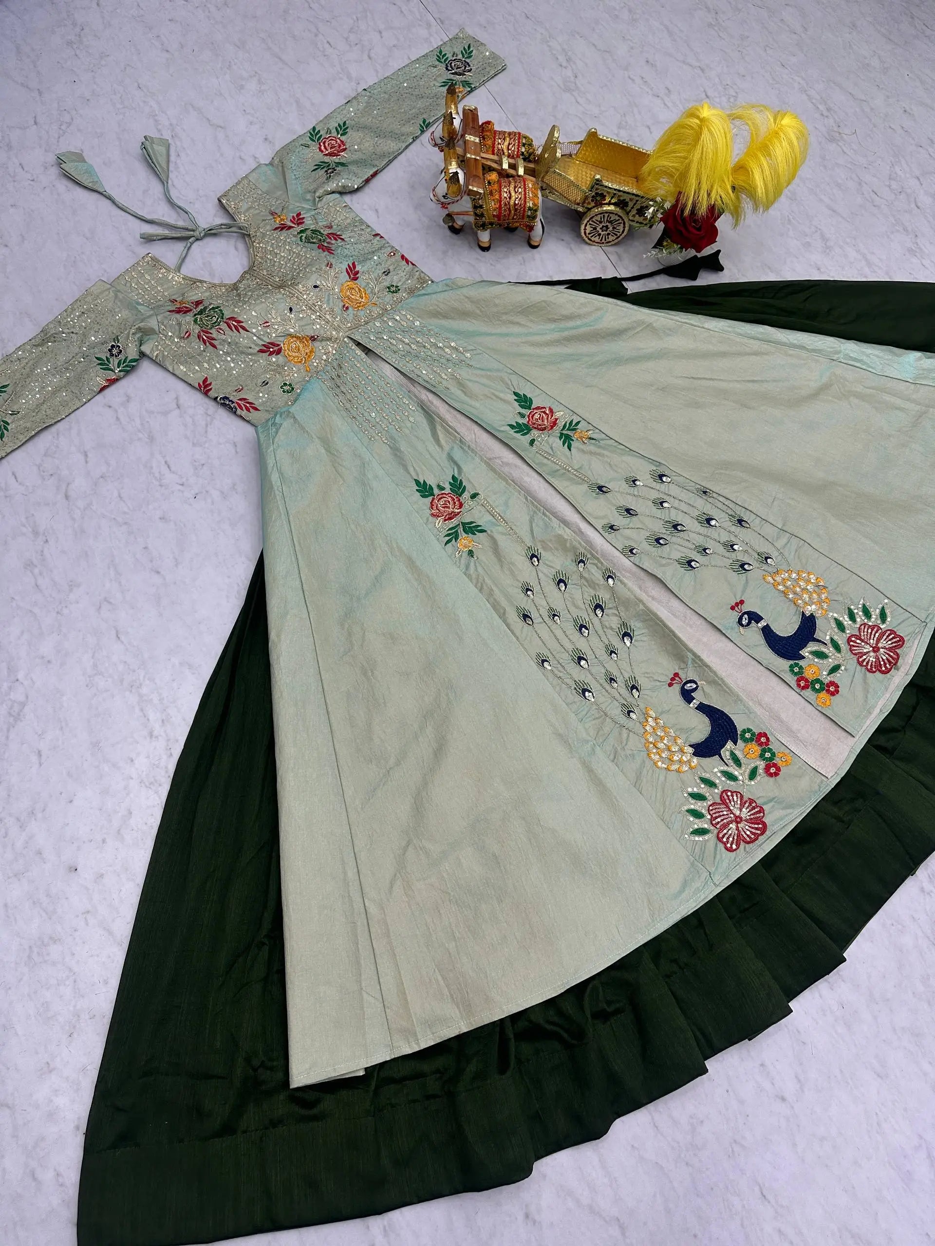 Embroidered Vichitra Crop Top Lehenga Set with Shrug