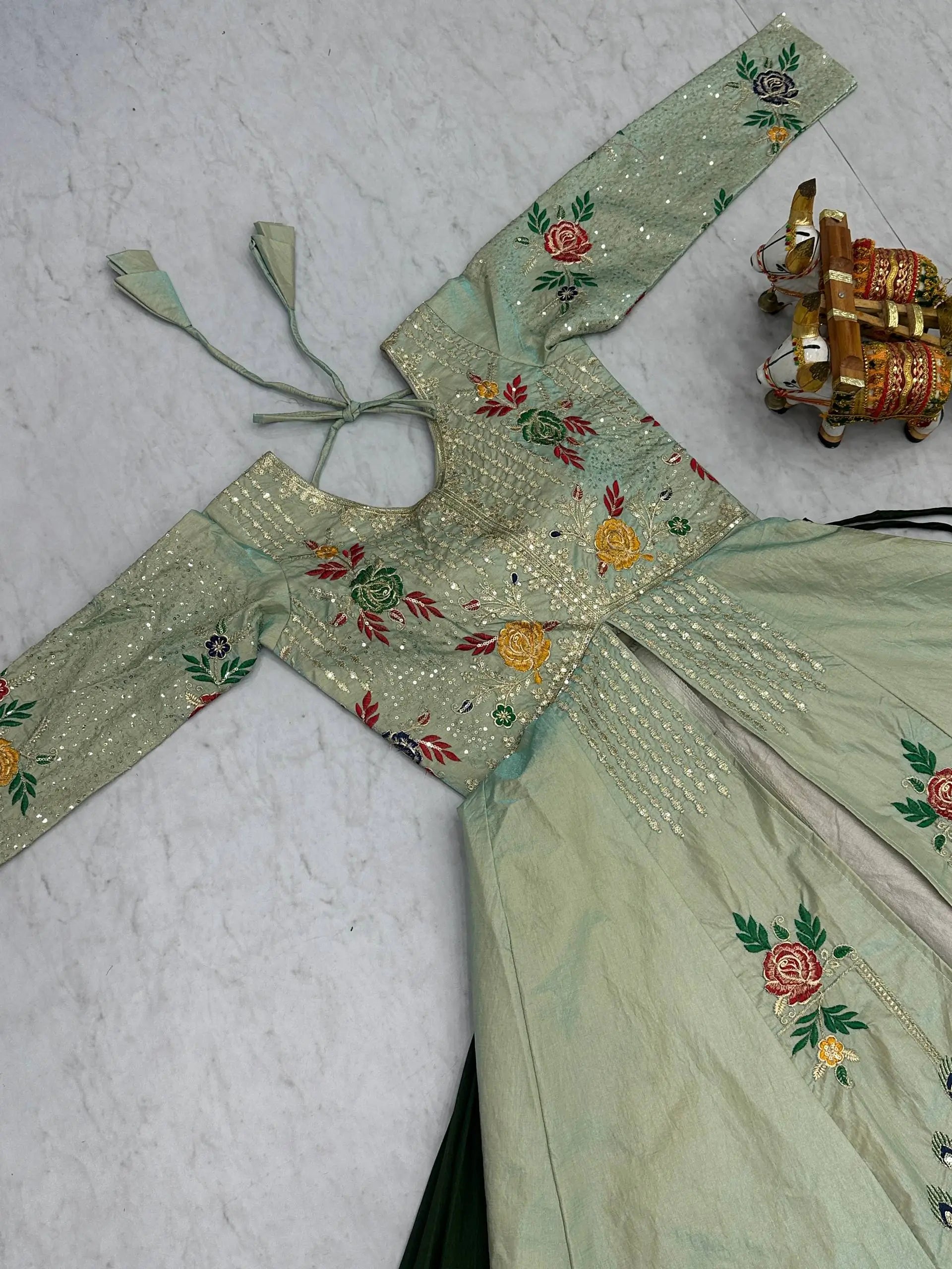 Embroidered Vichitra Crop Top Lehenga Set with Shrug
