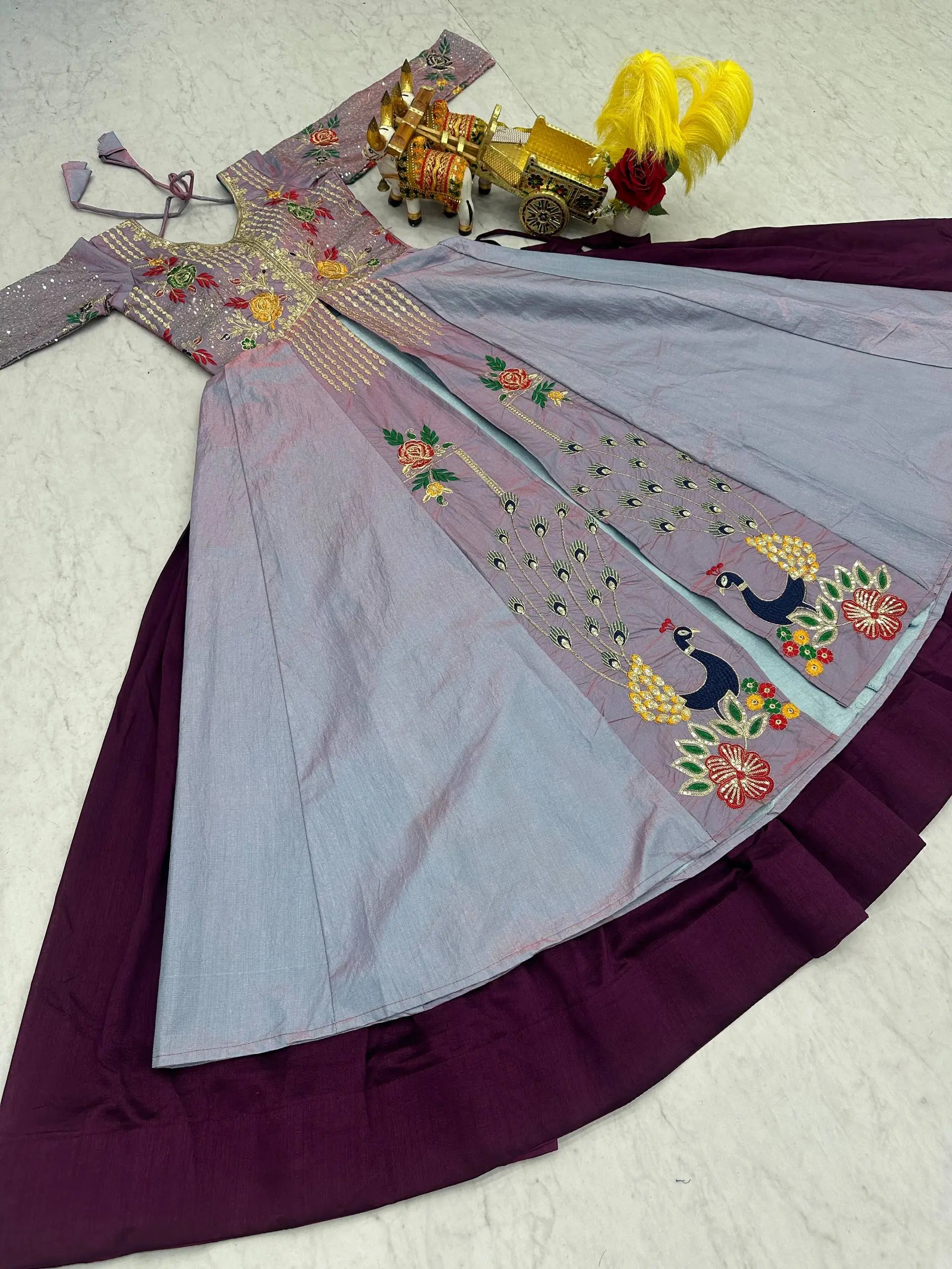 Embroidered Vichitra Crop Top Lehenga Set with Shrug