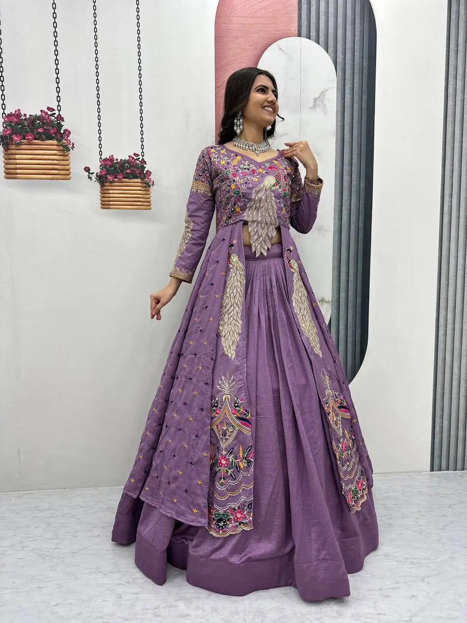 Embroidered Vichitra Crop Top Lehenga Set with Shrug