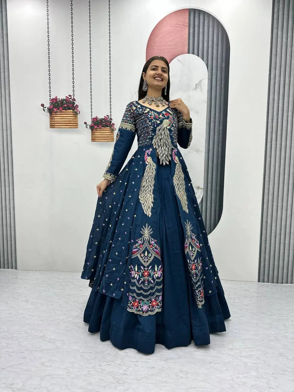 Embroidered Vichitra Crop Top Lehenga with Shrug