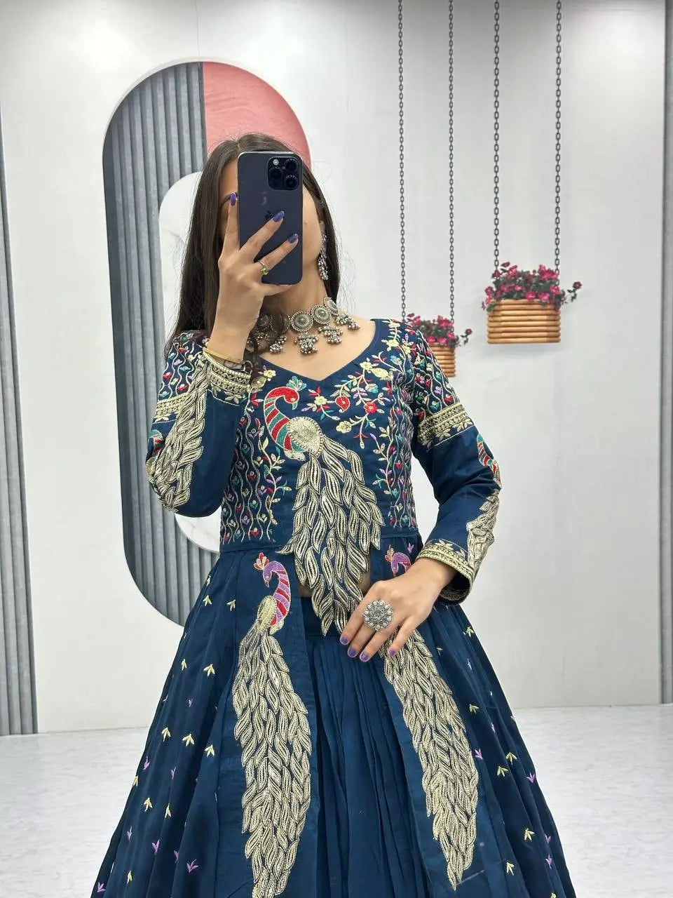 Embroidered Vichitra Crop Top Lehenga with Shrug