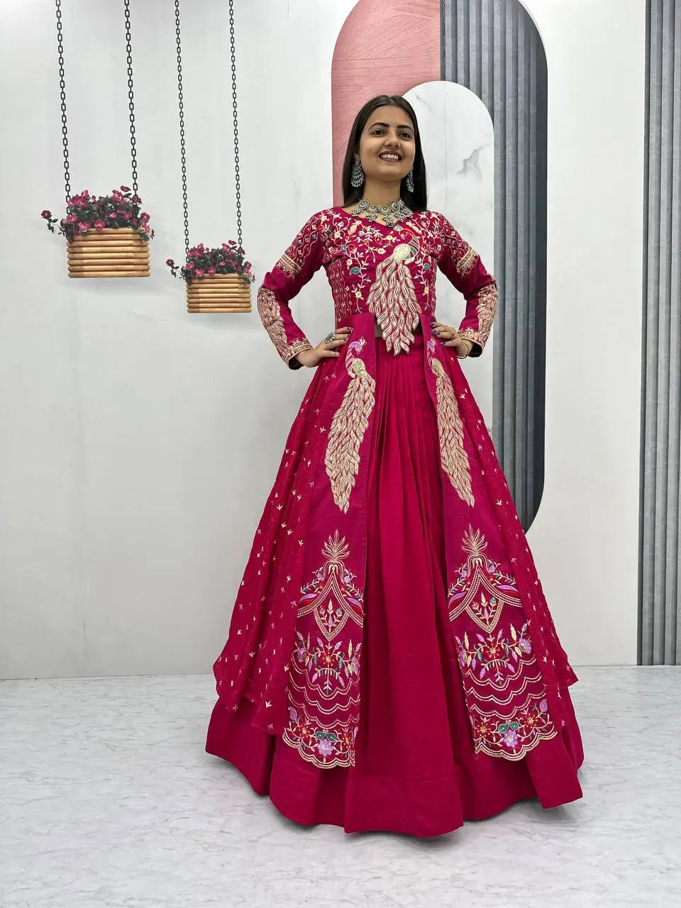 Embroidered Vichitra Crop Top Lehenga with Shrug
