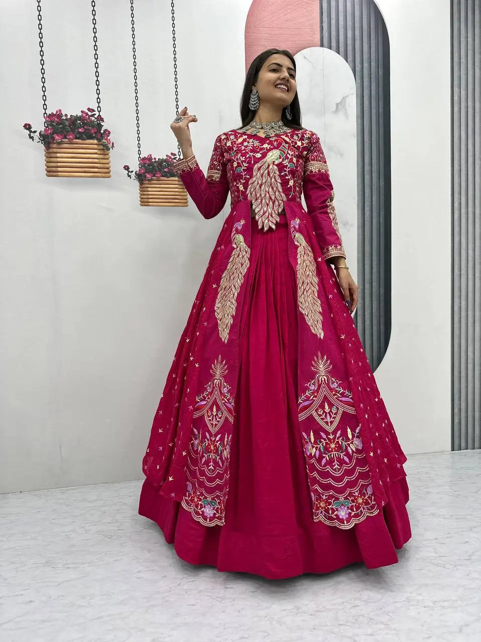 Embroidered Vichitra Crop Top Lehenga with Shrug