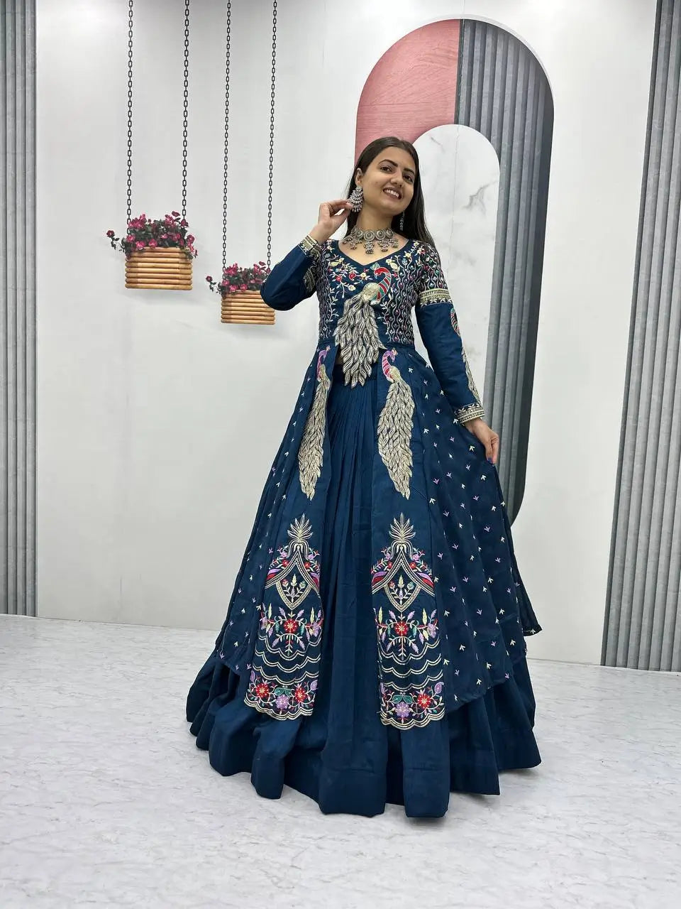 Embroidered Vichitra Crop Top Lehenga with Shrug