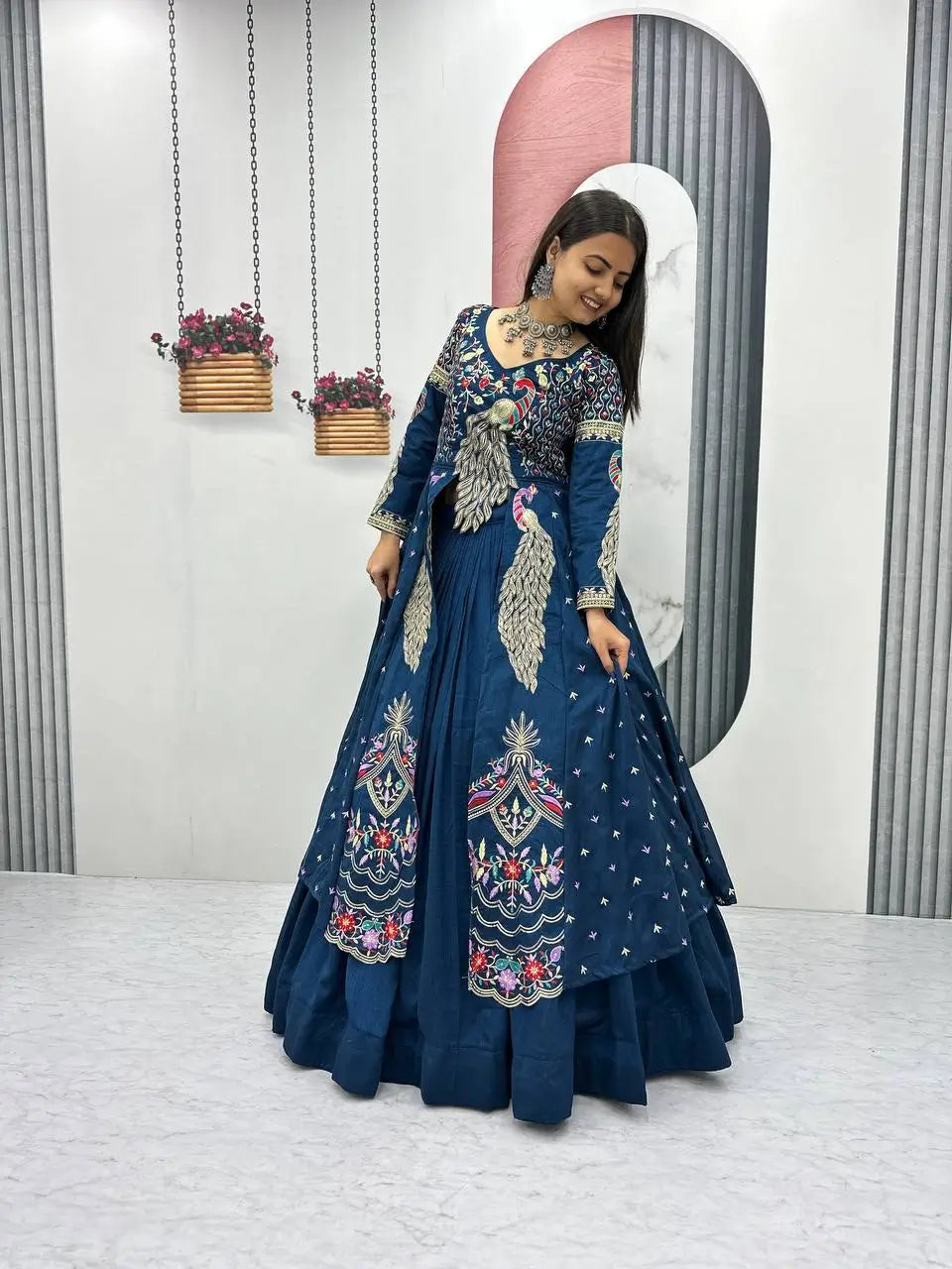 Embroidered Vichitra Crop Top Lehenga with Shrug