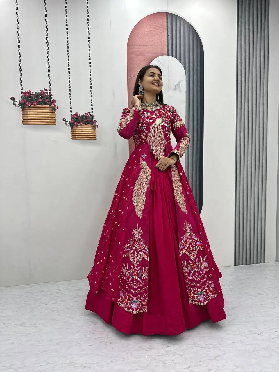 Embroidered Vichitra Crop Top Lehenga with Shrug