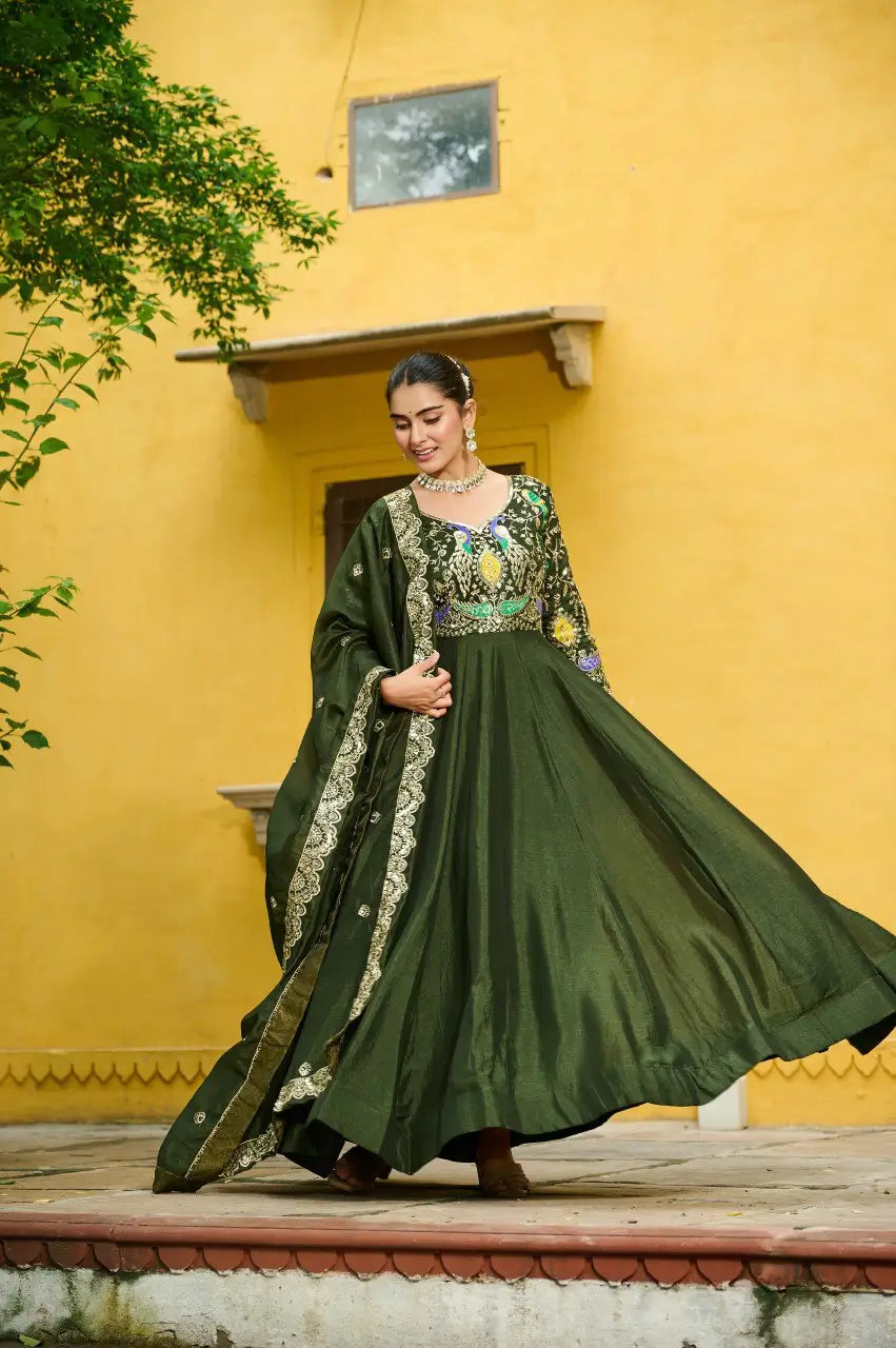 Embroidered Vichitra Gown with Dupatta
