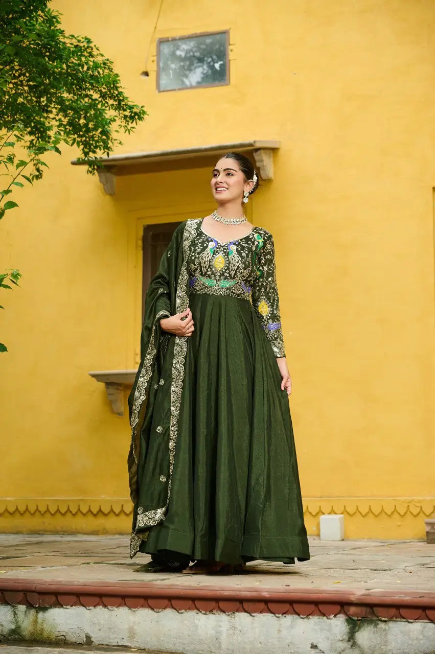 Embroidered Vichitra Gown with Dupatta