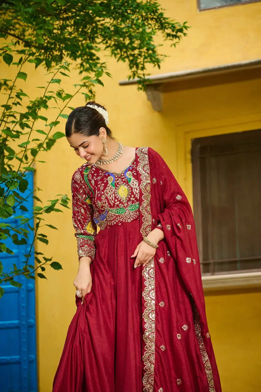 Embroidered Vichitra Gown with Dupatta