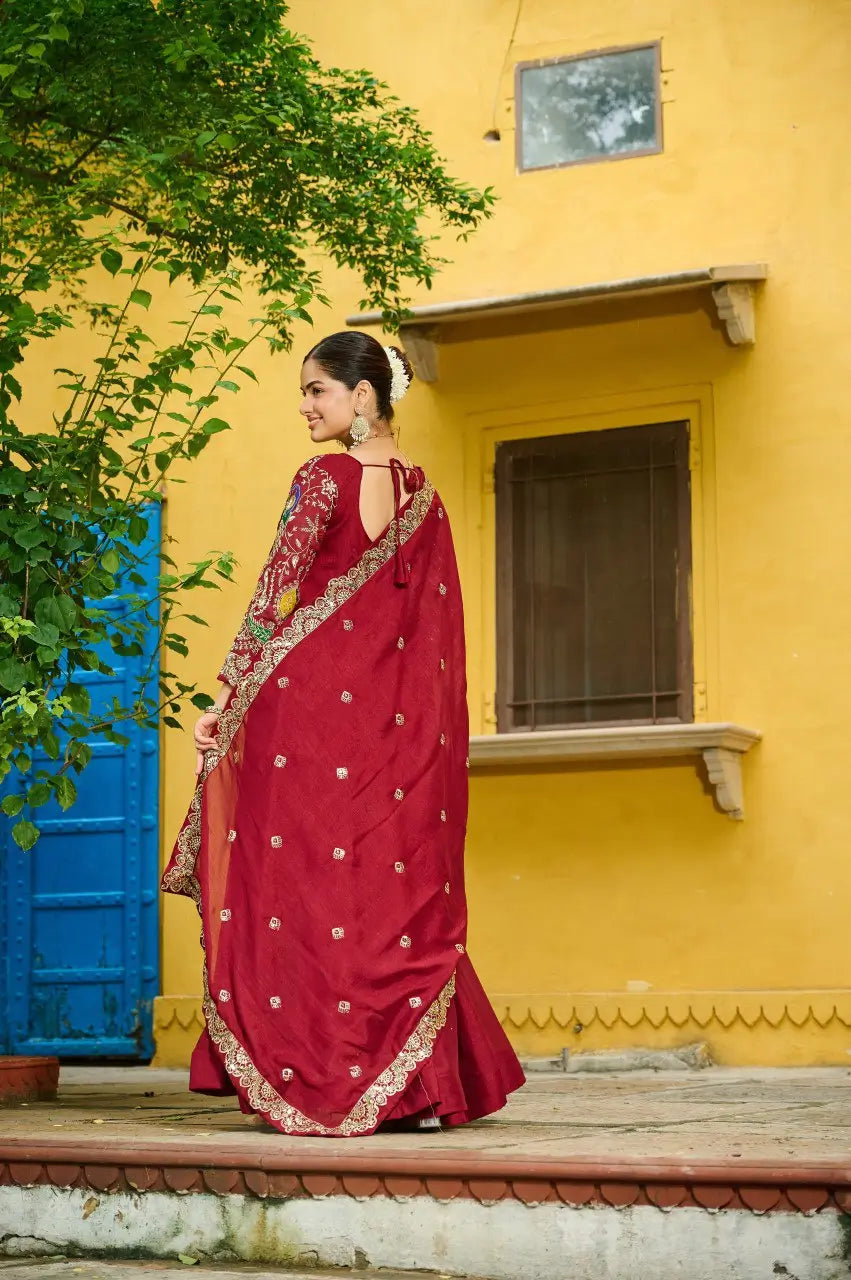 Embroidered Vichitra Gown with Dupatta