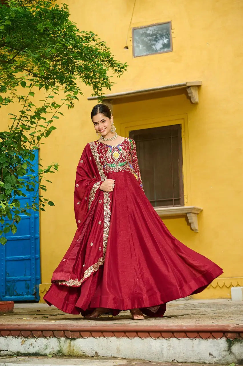 Embroidered Vichitra Gown with Dupatta