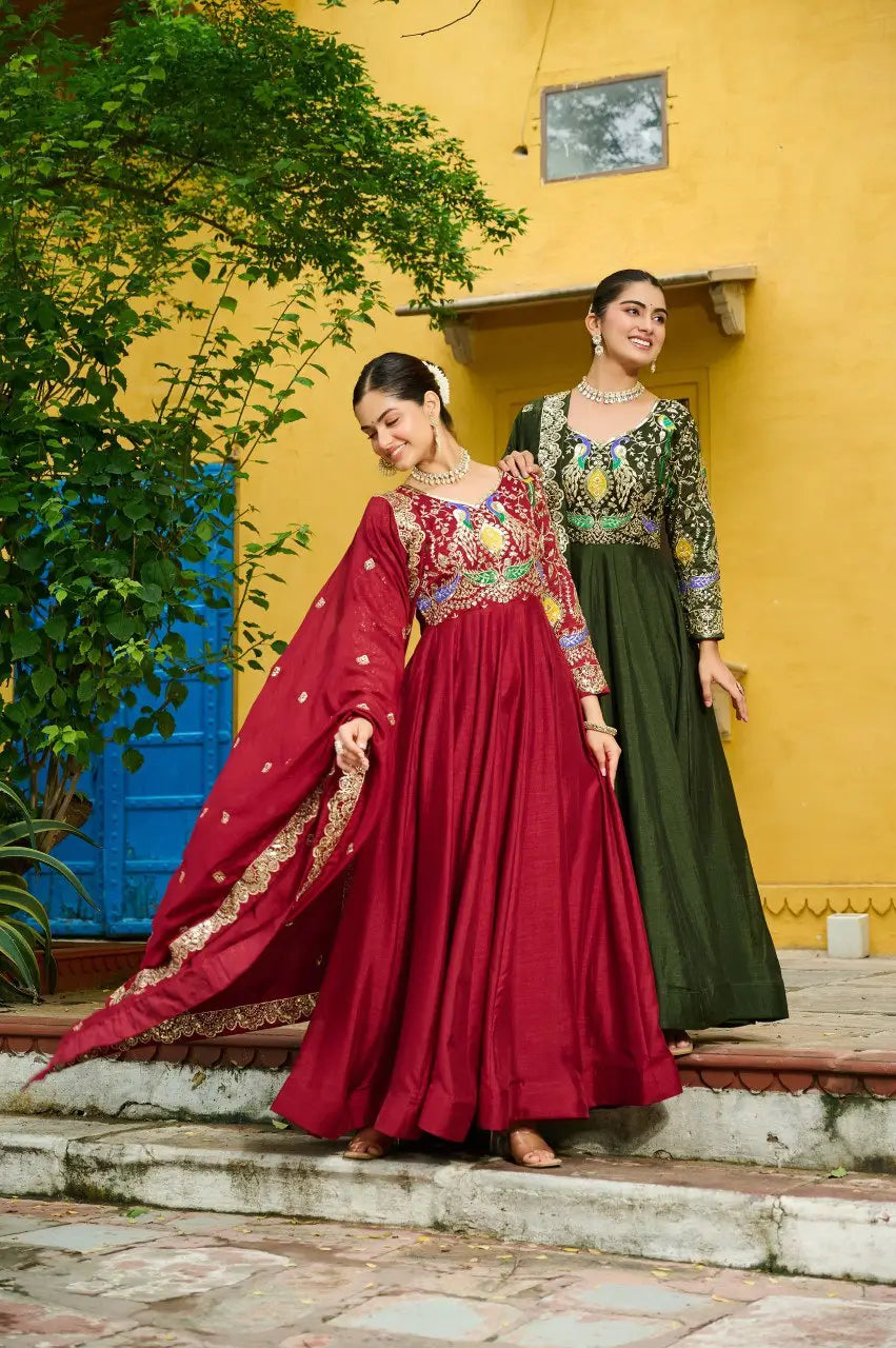 Embroidered Vichitra Gown with Dupatta
