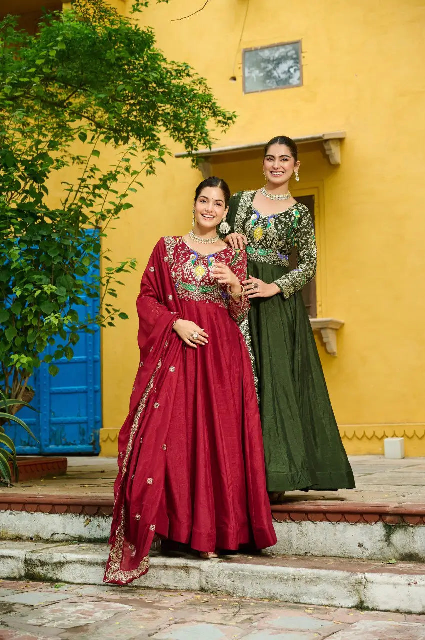 Embroidered Vichitra Gown with Dupatta