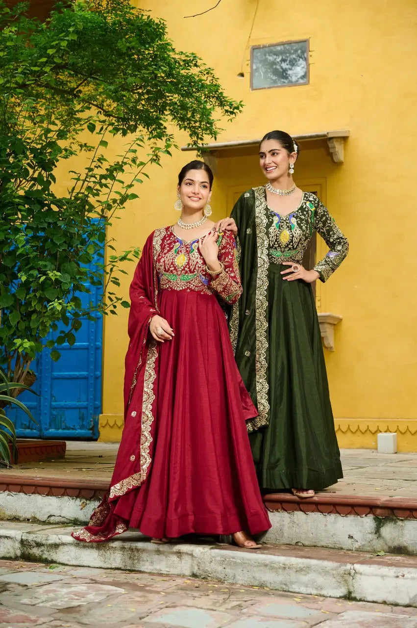 Embroidered Vichitra Gown with Dupatta