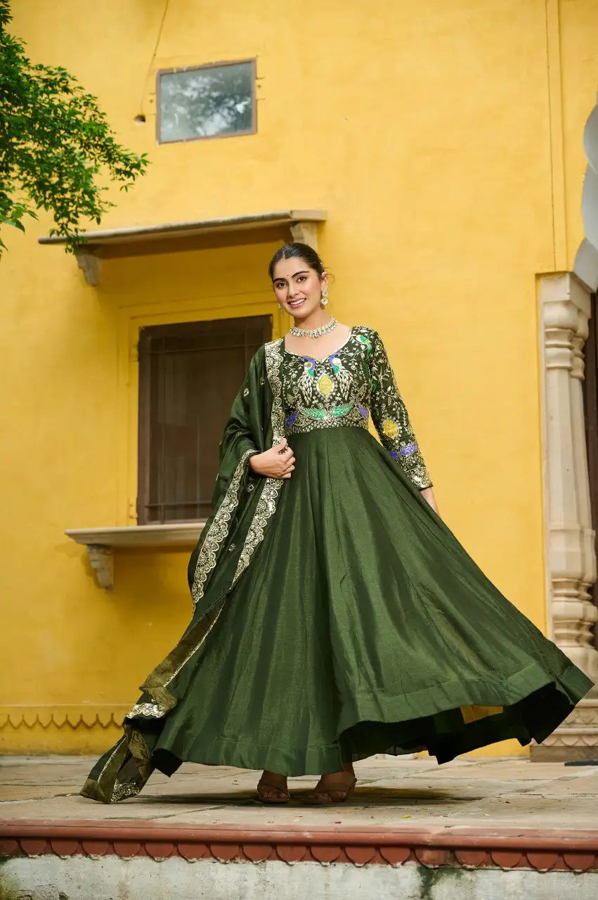 Embroidered Vichitra Gown with Dupatta
