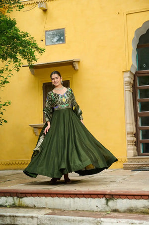 Embroidered Vichitra Gown with Dupatta