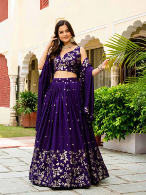 Embroidered Vichitra Lehenga with Blouse and Dupatta