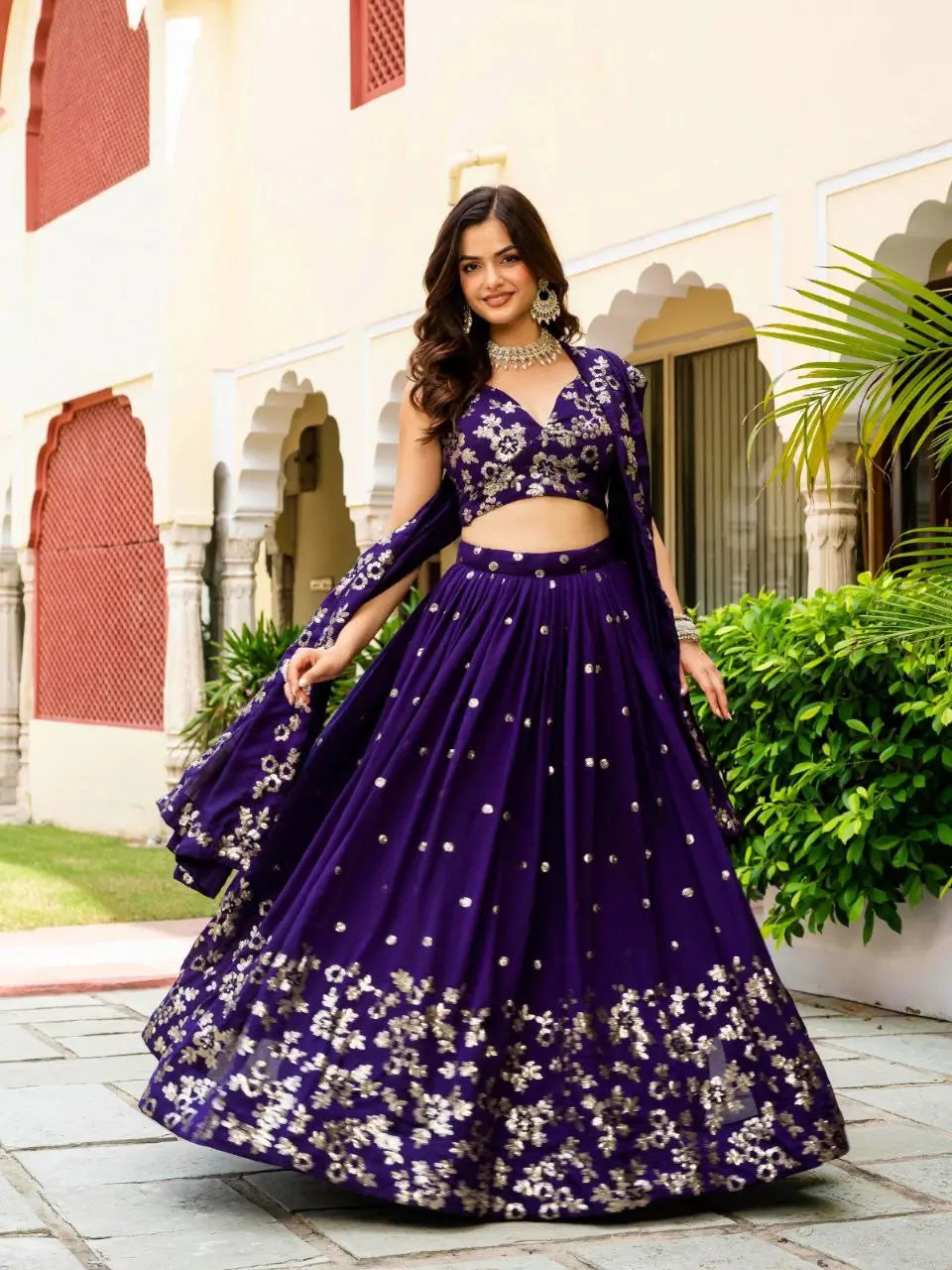 Embroidered Vichitra Lehenga with Blouse and Dupatta