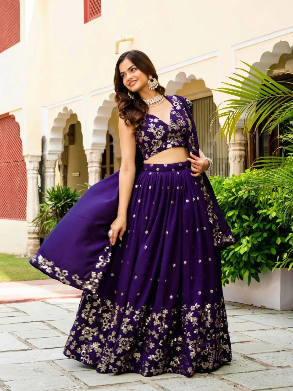 Embroidered Vichitra Lehenga with Blouse and Dupatta