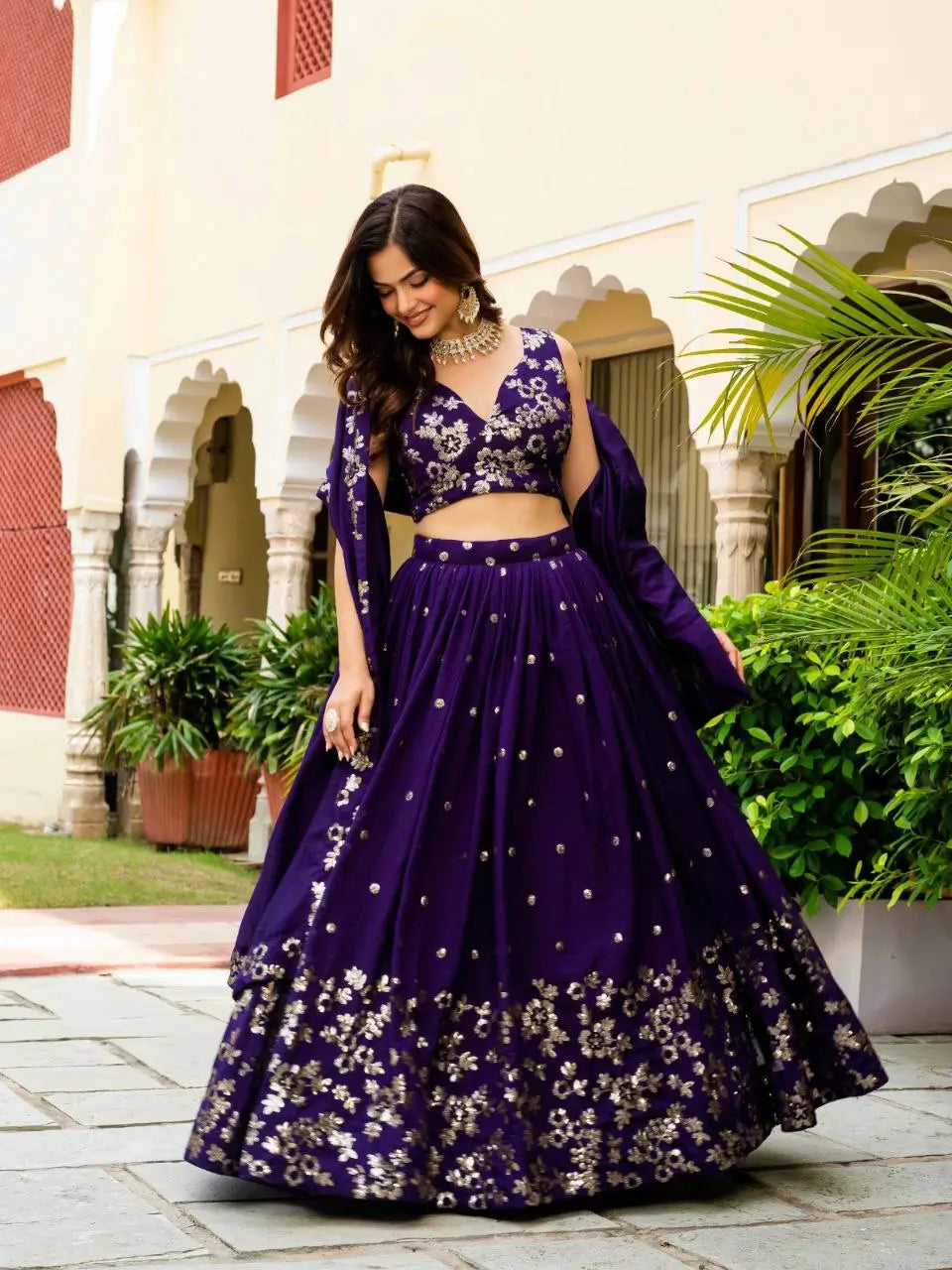 Embroidered Vichitra Lehenga with Blouse and Dupatta