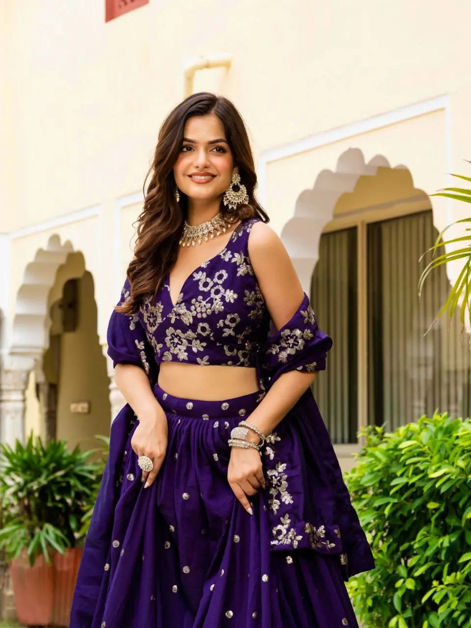 Embroidered Vichitra Lehenga with Blouse and Dupatta
