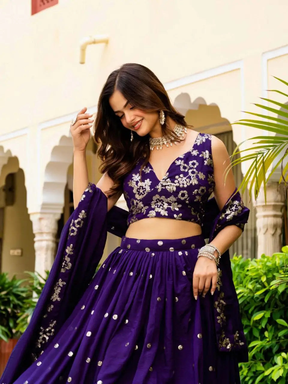 Embroidered Vichitra Lehenga with Blouse and Dupatta