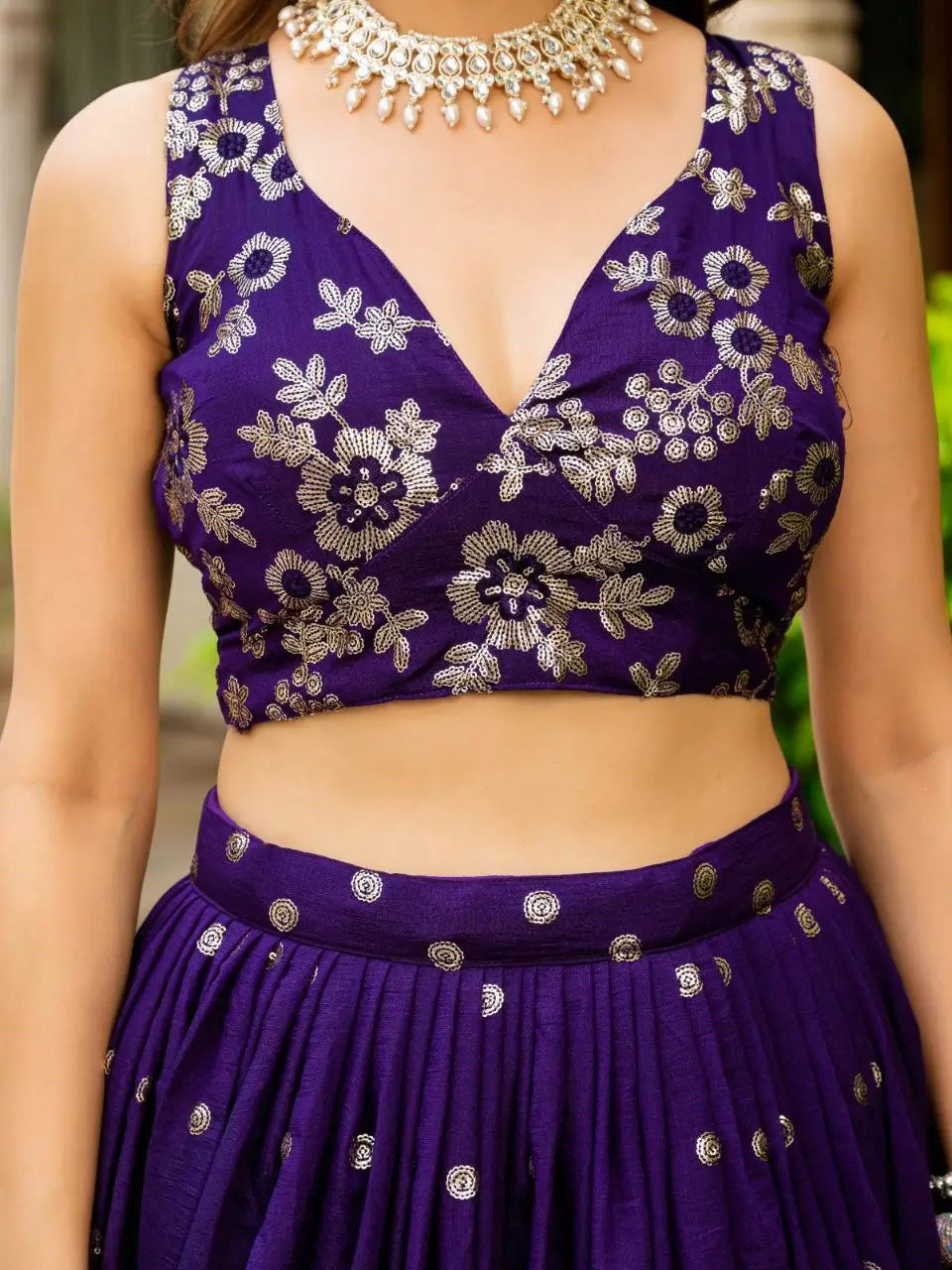 Embroidered Vichitra Lehenga with Blouse and Dupatta