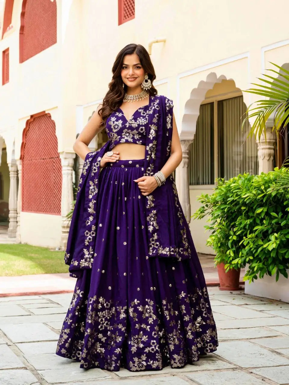 Embroidered Vichitra Lehenga with Blouse and Dupatta
