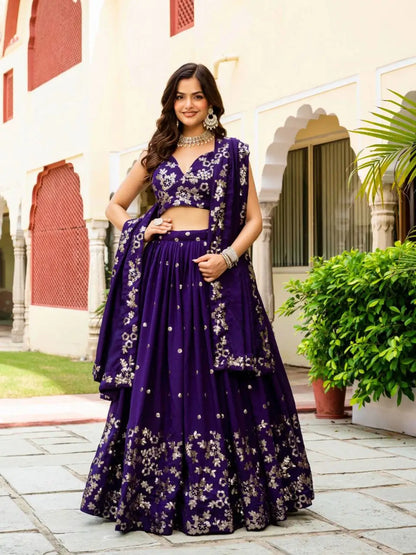 Embroidered Vichitra Lehenga with Blouse and Dupatta