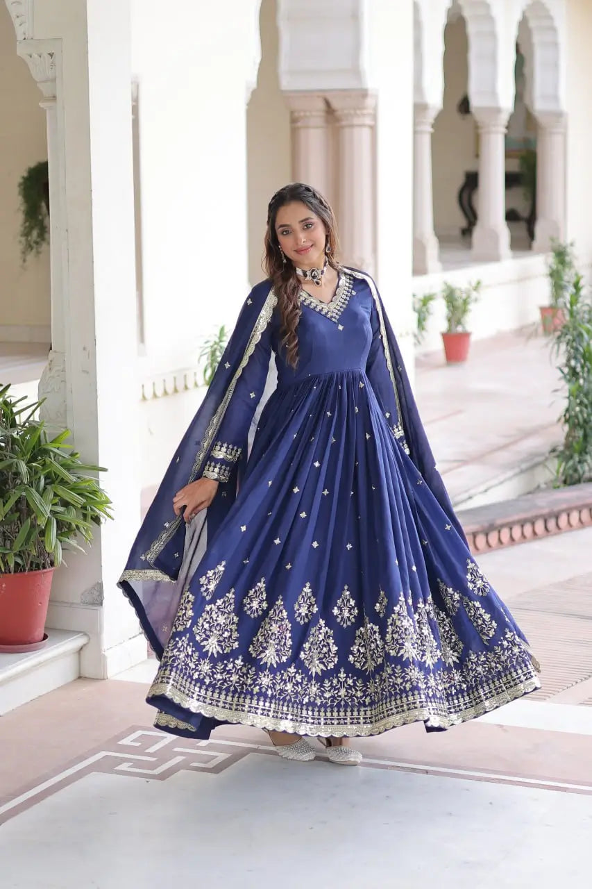 Embroidered Vichitra Silk Anarkali Gown with Dupatta