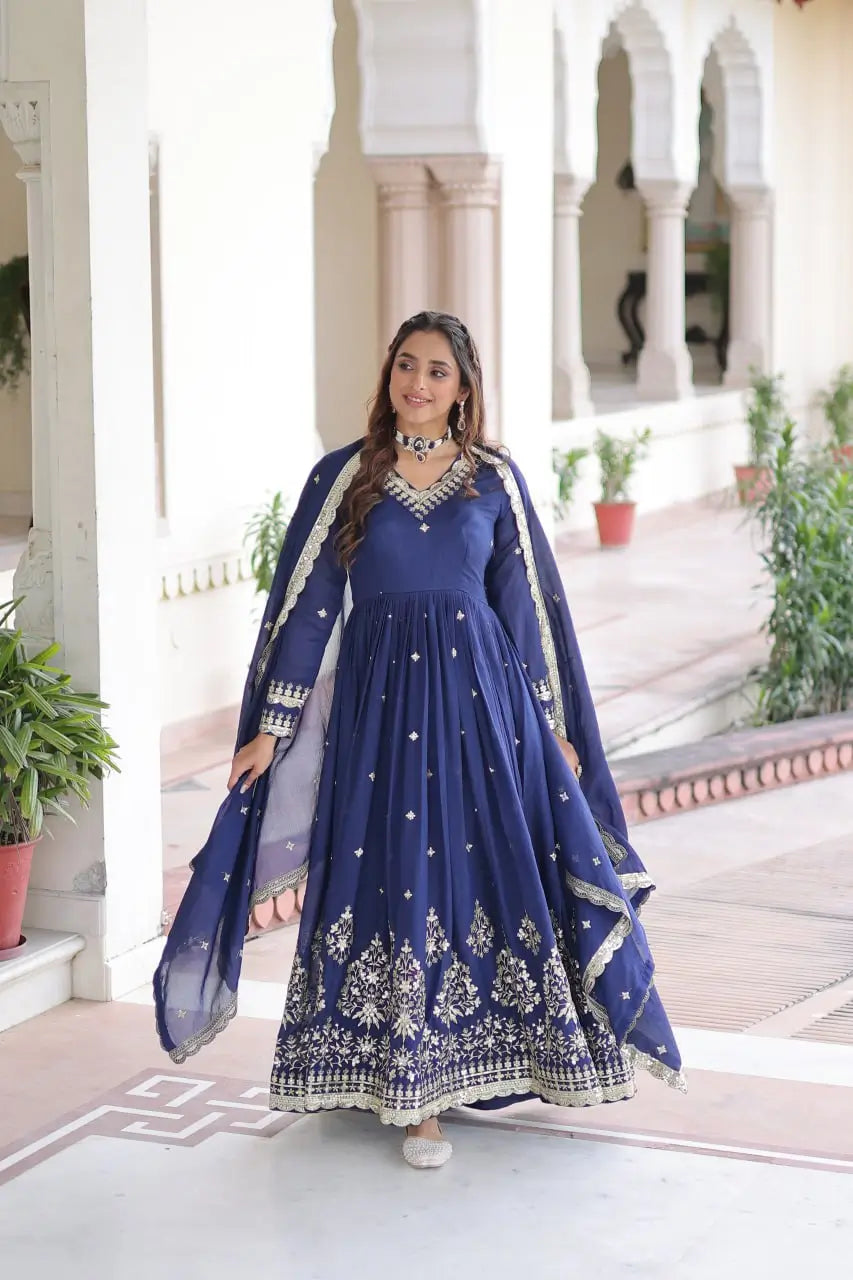 Embroidered Vichitra Silk Anarkali Gown with Dupatta
