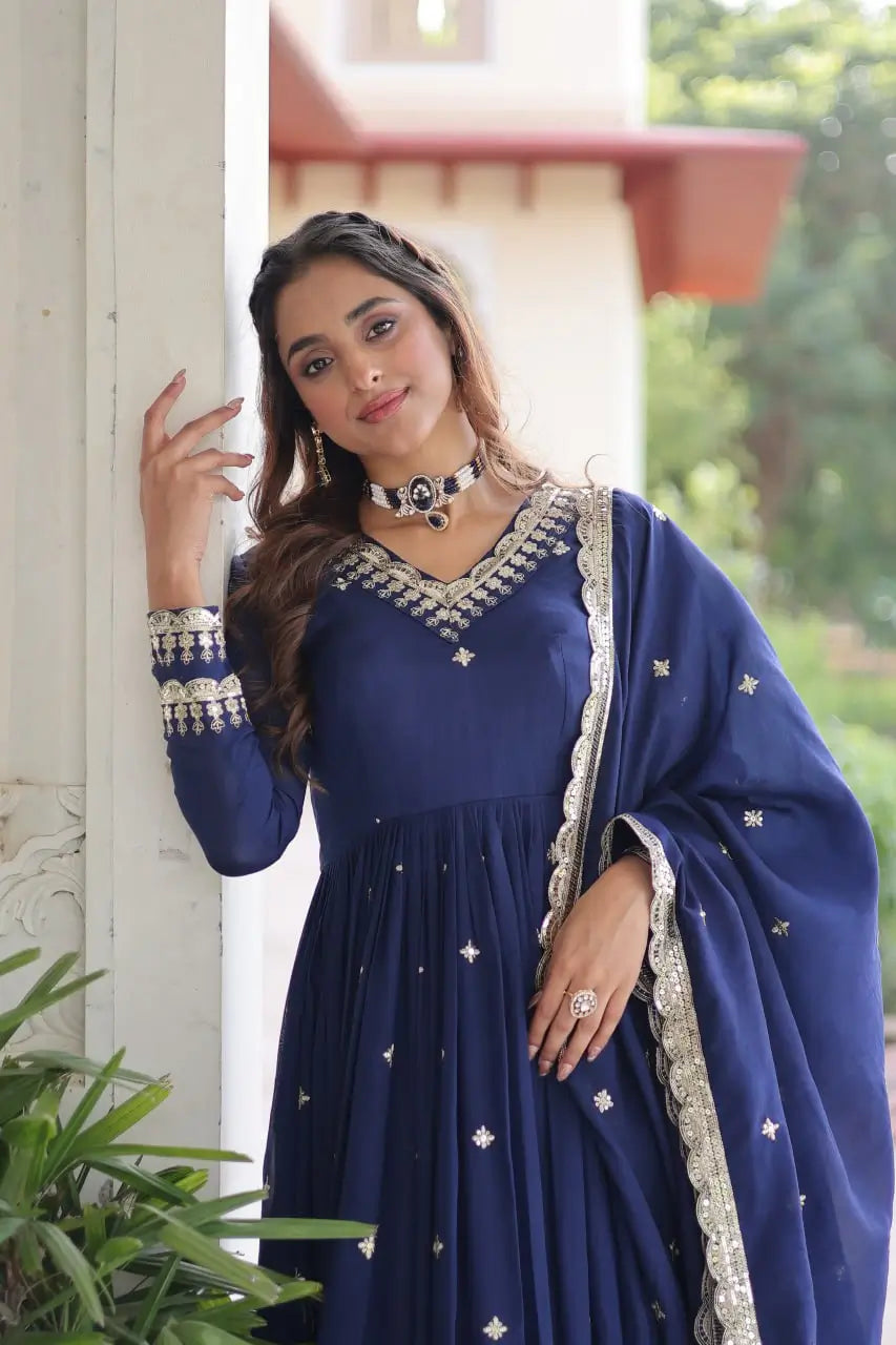 Embroidered Vichitra Silk Anarkali Gown with Dupatta