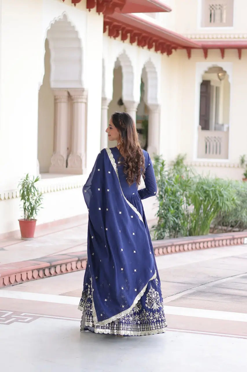 Embroidered Vichitra Silk Anarkali Gown with Dupatta