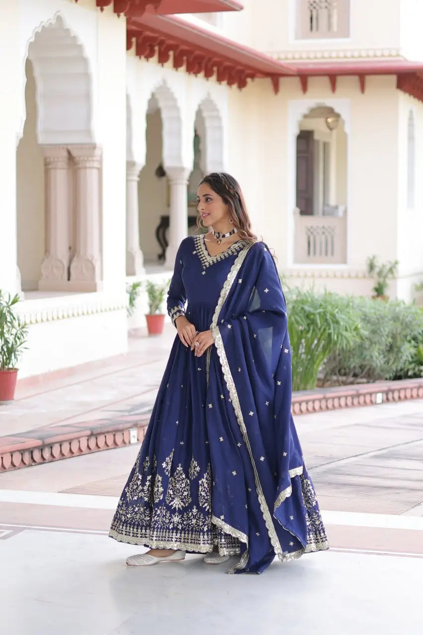 Embroidered Vichitra Silk Anarkali Gown with Dupatta