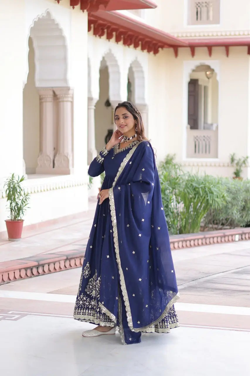 Embroidered Vichitra Silk Anarkali Gown with Dupatta