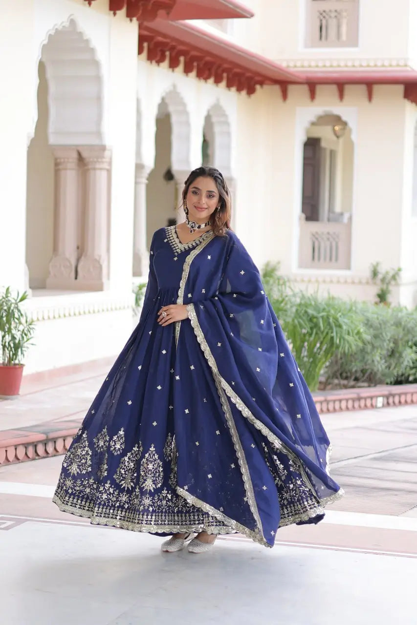 Embroidered Vichitra Silk Anarkali Gown with Dupatta