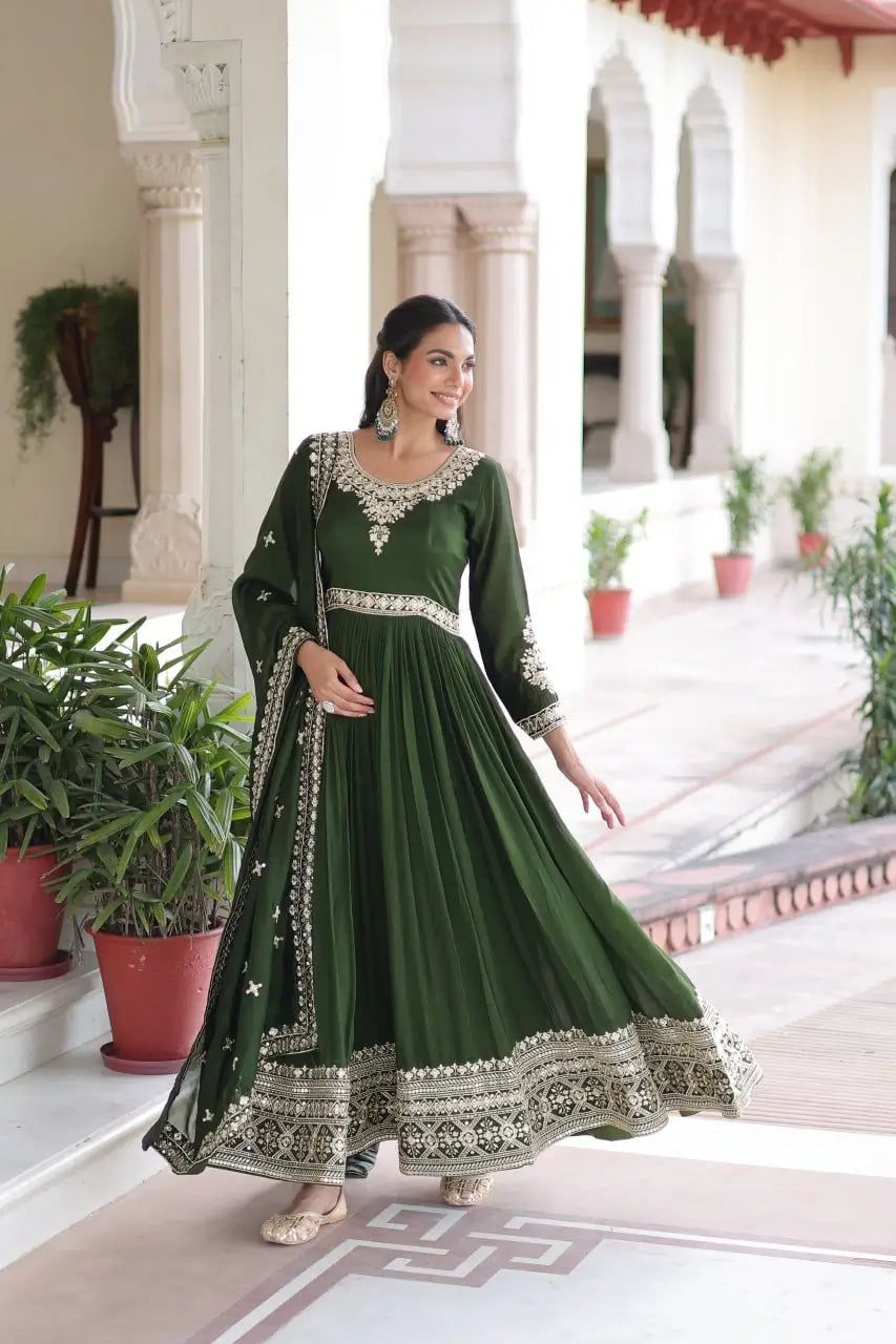 Embroidered Vichitra Silk Anarkali Gown with Dupatta